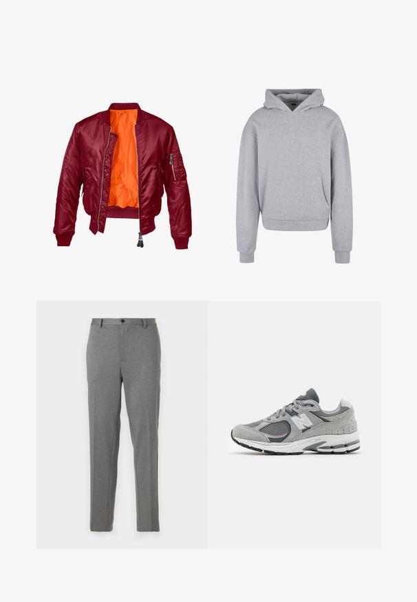 Burgundska bomber jakna z zadrgo spredaj, rebrastimi manšetami in oranžno notranjostjo. Ima zadrgo žep na levem rokavu. Gladka tekstura.; Siva bombažna kapuca z sprednjim žepom, kapuco s vrvico in rebrastimi manšetami ter robom. Ima mehak, strukturiran zaključek.; Sive tailored hlače z gladko teksturo, rahlo vzorčaste, z zadrgo in gumbom za zapiranje, sprednjimi žepi in oprijetimi hlačnicami.; Sive češnje z mrežastim in usnjenim materialom, ki imajo belo logotip, oblazinjen ovratnik in teksturiran gumijast podplat. Akcenti v temnejši sivi barvi.