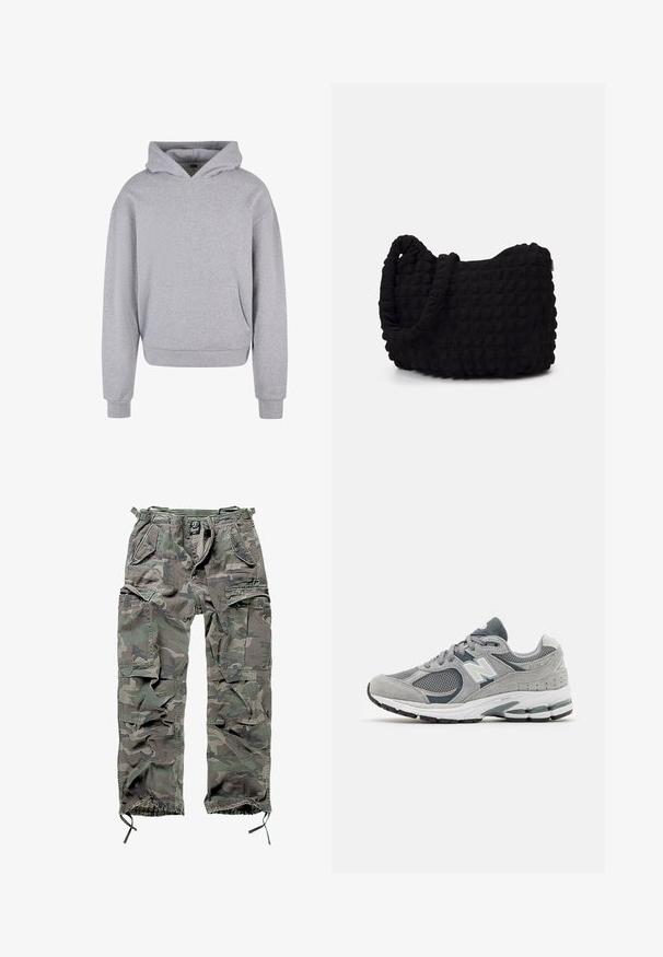 Giacca bomber bordeaux con zip frontale, polsini a costine e interno arancione. Presenta una tasca con zip sul braccio sinistro. Texture liscia.; Felpa grigia in cotone con tasca frontale, cappuccio con cordino e polsini e orlo a coste. Presenta una finitura morbida e testurizzata.; Pantaloni cargo mimetici in verde e grigio, con numerose tasche, vita elasticizzata, polsini regolabili e una vestibilità rilassata.; Sneaker grigia realizzata in materiali mesh e suede, con logo bianco, colletto imbottito e suola in gomma texturizzata. Accenti in grigio più scuro.; Borsa in tessuto nero con un motivo trapuntato e texture. Forma arrotondata, manici corti e spessi, e una struttura morbida e flessibile.