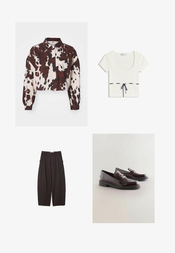 Krótkie, kremowe bluzki z wyrazistymi abstrakcyjnymi plamami w brązowym i czarnym kolorze. Posiada kołnierzyk i jedną kieszeń na piersi. Teksturowany materiał.; Biały, pleciony top z okrągłym dekoltem i krótkimi rękawami. Posiada ciemnoniebieskie detale ze sznurkiem w talii oraz poziome akcentujące linie.; Czarne spodnie o szerokich nogawkach wykonane z gładkiego materiału, z wysokim stanem, plisami z przodu i bocznymi kieszeniami. Prosty fason bez zdobień.; Burgundowe lakierowane mokasyny z zaokrąglonym noskiem, z poduszką wewnętrzną i czarną gumową podeszwą. Posiadają dekoracyjny pasek na przodzie.