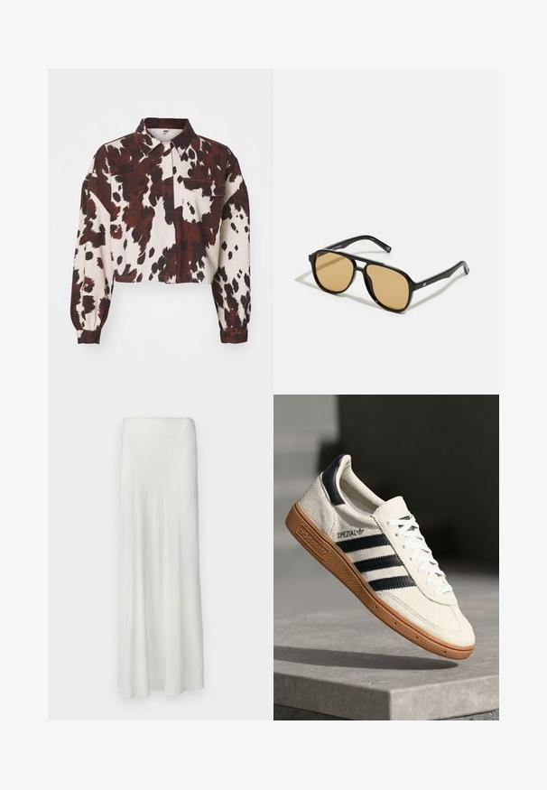 Krčen srajca v kremni barvi z drzno rjavimi in črnimi abstraktnimi madeži. Ima ovratnik in en žep na prsih. Teksturirana tkanina.; Rjava majica s kvadratnim izrezom in širokimi naramnicami, izdelana iz mehkega materiala. Enostaven dizajn, brez vzorcev ali okraski.; Dolga, bela krila z gladkim, tekočim materialom. Ima preprost elastičen pas in raven kroj, ki sega do gležnjev.; Bela nubuk superga s športnimi trakovi v temno modri barvi, gumijastim podplatom, strukturirano zgornjo plastjo, okroglim nosom in vezalkami; vsebuje blagovno znamko na strani in jeziku.; Črne sončne očala z rjavim odtenkom leč; pravokotna oblika s širokim okvirjem, vključno z diskretno kovinsko dekoracijo na obeh strani.; Rjava usnjena torba z mehkimi teksturami, ki ima prostorno zasnovo in enojno naramnico. Oblečena z modrim jeans jopičem.