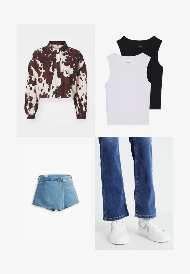 Chemise cropped en crème avec de grandes taches abstraites marron et noires. Elle se caractérise par un col et une seule poche poitrine. Tissu texturé.; Deux hauts sans manches en noir et blanc, en coton côtelé, avec des encolures rondes et une coupe ajustée. Étiquettes visibles sur les deux.; Shorts en denim bleu clair, avec un design enveloppant, poches avant et fermeture à bouton en métal. Texture lisse avec bords cousus.; Baskets blanches avec des accents gris, tige en toile texturée, design à lacets, associées à un jean en denim bleu à pattes d'éléphant avec un ourlet effiloché.