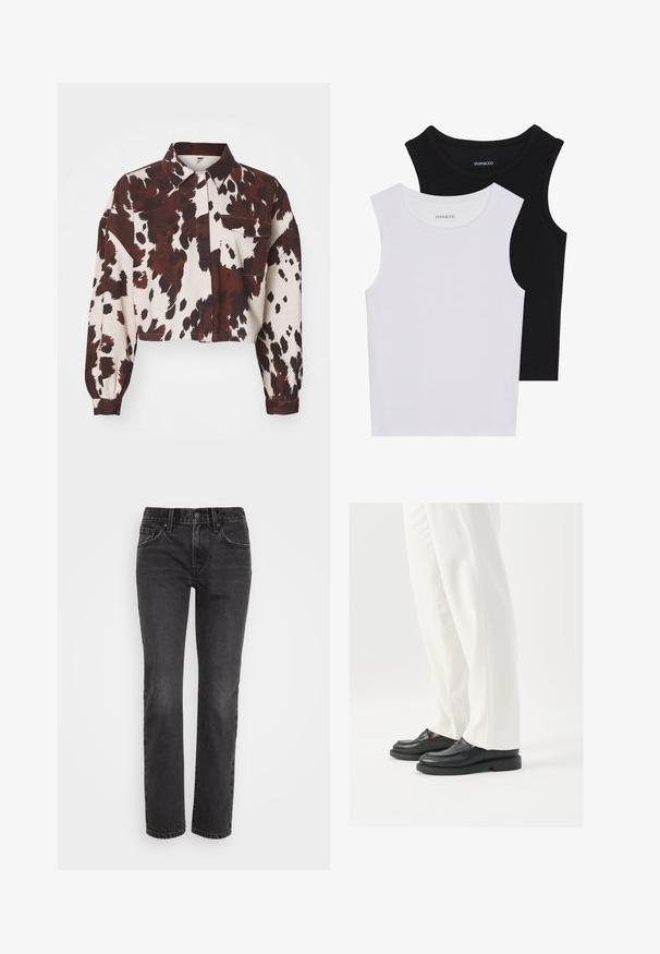 Krčen srajca v kremni barvi z drzno rjavimi in črnimi abstraktnimi madeži. Ima ovratnik in en žep na prsih. Teksturirana tkanina.; Dve brezrokavne majice v črni in beli barvi, izdelane iz rebrastega bombaža, z okroglimi izrezi in prilegajočim oblikovanjem. Oznake so vidne na obeh.; Črne traper hlače z ravnim krojem, ki imajo klasičen pet-pocket dizajn, zadrgo in kontrastno šivanje ob šivih.; Črne usnjene loaferje z gladko teksturo, šivi in zaobljenim prstom, pomešane z belimi krojenimi hlačami.