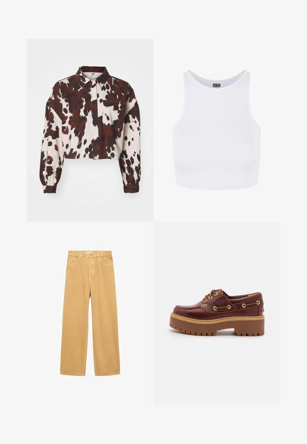 Krčen srajca v kremni barvi z drzno rjavimi in črnimi abstraktnimi madeži. Ima ovratnik in en žep na prsih. Teksturirana tkanina.; Bela rebrasta kratka majica s širokimi naramnicami in okroglim izrezom. Ima mehak občutek in minimalističen dizajn brez vzorcev.; Široke, svetlo rjave bombažne hlače z visokim pasom, sprednjimi žepi in enim gumbom za zapiranje. Gladka tekstura, sproščen dizajn.; Rjavi usnjeni čolnar s debelim rjavim gumijastim podplatom, zlatimi luknjicami in kontrastnim šivom. Ima logotip na strani.