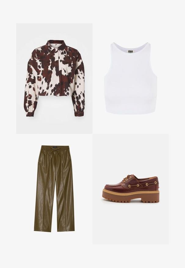 Kuttet skjorte i kremfarge med sterke brune og svarte abstrakte flekker. Har en krage og en enkelt brystlomme. Strukturert stoff.; Hvit ribbestrikket crop tank topp med brede skulderstropper og rund halsutskjæring. Har en myk tekstur og minimalistisk design uten mønstre.; Olivenfargede, imitert lær vide bukser med elastisk midjebånd og justerbar snøring. Har to sidelommer og en glatt tekstur.; Brune lærbåtsko med en kraftig brun gummisåle, gulløyer og kontraststing. Har en logo på siden.