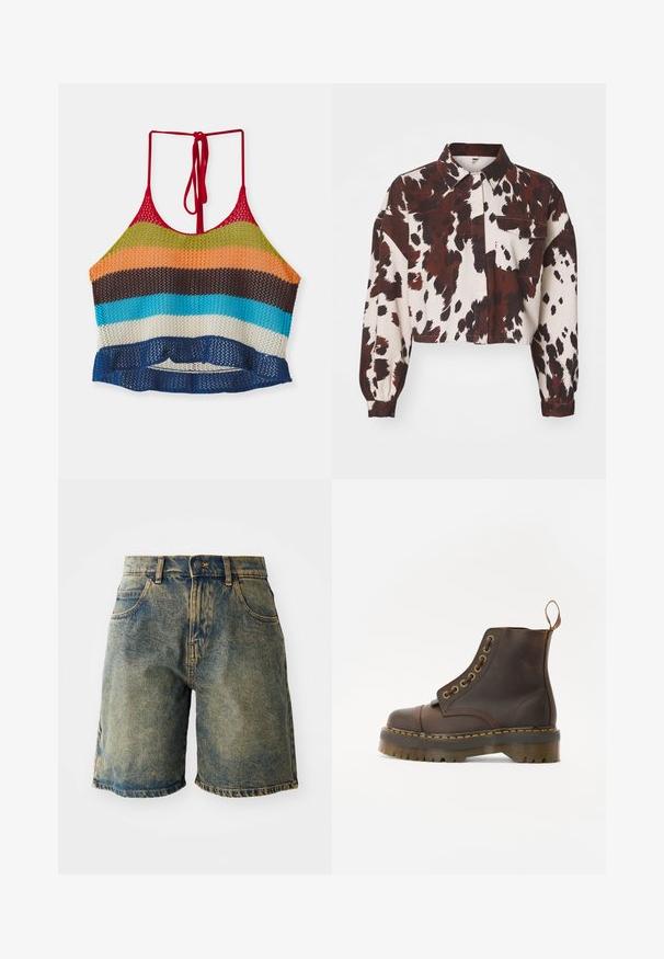 Cropped shirt in cream with bold brown and black abstract spots. Features a collared neckline and a single chest pocket. Textured fabric.; Multicolored crochet crop top with red straps, featuring horizontal stripes in orange, green, brown, blue, and white. Ruffled hem detail.; Denim shorts in a faded blue color, featuring five pockets, a button closure, and frayed hems, with a slightly distressed texture.; Brown leather ankle boot with a round toe, contrasting yellow stitching, decorative metal eyelets, and a grooved rubber sole.