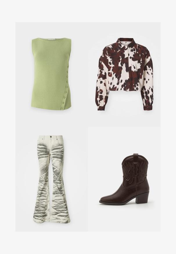 Gekürztes Shirt in Creme mit auffälligen braunen und schwarzen abstrakten Flecken. Verfügt über einen kragenförmigen Ausschnitt und eine einzelne Brusttasche. Strukturierter Stoff.; Hellgrünes, geripptes Tanktop mit Rundhalsausschnitt und einer seitlichen Knopfdetails mit kleinen Knöpfen, die entlang der linken Seite verlaufen.; Hellfarbene, ausgestellte Jeans mit strukturierten, schwarzen horizontalen Streifen und zerknitterten Details, ausgestattet mit vorderen Taschen und einem Metallknopfverschluss.; Braune Leder-Cowboy-Stiefel mit spitzen Zehen, geprägten Flügelmotiven, einem mittelhohen Blockabsatz und einer Zuglasche auf der Rückseite.