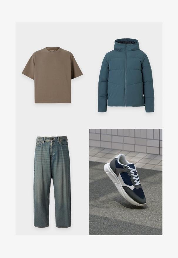 Jachetă puffer teal cu front cu fermoar, glugă ajustabilă și model cusut orizontal. Are buzunare laterale și un finisaj neted, texturat.; Tricou scurt de culoare maro, dintr-o țesătură moale, cu guler rotund. Are o croială lejeră și detalii simple la tiv.; Jeans din denim bleu deschis, cu o croială lejeră, talie medie și picioare drepte. Au cinci buzunare, bucle pentru curea și închidere cu nasture.; Adidași cu un uppers din plasă albastră închisă, accente din suede gri, talpă din cauciuc alb și șireturi plate albe, concepuți pentru confort și respirabilitate.