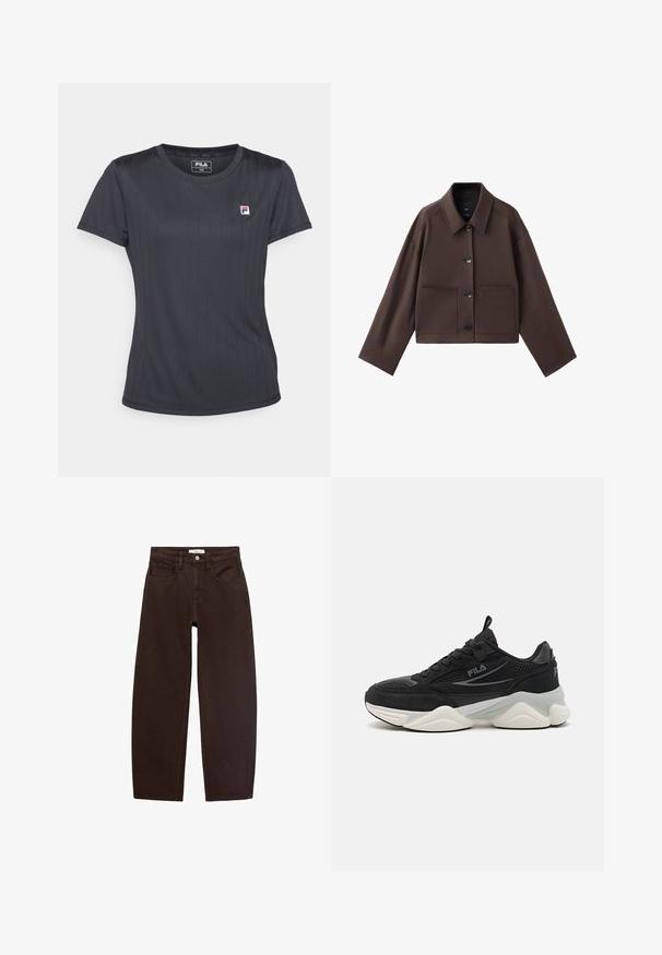 Jachetă scurtă, maro, cu guler tip spread, buzunare mari în față și închidere cu nasturi. Fabricată dintr-un material neted, cu cusături minime.; Tricou negru cu mânecă scurtă, realizat dintr-un material neted și elastic, având o textură verticală cu fâșii și un mic logo FILA pe piept.; Jeans din denim maron cu croi relaxat, având cinci buzunare, nasturi pentru curea și fermoar clasic. Textură netedă și croială dreaptă.; Adidași negri confecționați din plasă și suede, având o talpă groasă, o formă rotunjită, accente subtile de gri și un logo de marcă pe lateral.