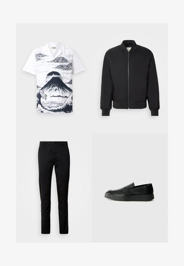 Giubbotto bomber nero con zip frontale, colletto e polsini a coste, e tasche laterali; realizzato in tessuto morbido e leggero.; Camicia bianca a maniche corte con un'illustrazione nera del Monte Fuji, accompagnata da nuvole e onde. Realizzata in tessuto leggero con una vestibilità rilassata.; Pantaloni neri con vestibilità slim, realizzati in tessuto morbido. Presentano una vita con chiusura a bottone e gambe dritta.; Calvin Klein HYBRID CUP - Scarpe senza lacci - triple black