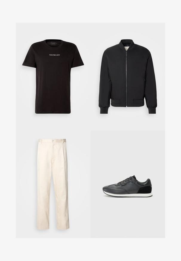 Svart bomberjakke med glidelåsfront, ribbet krage og mansjetter, samt sidelommer; laget av glatt, lett stoff.; Svart bomull t-skjorte med korte ermer og rund hals. Har "Calvin Klein Jeans"-logo i hvitt på brystet. Jevn tekstur.; Beige bomullsbukser med rett benfatt, med knappelukking og folder foran for ekstra detaljer.; Sorte atletiske joggesko med lærøvre og perforerte detaljer, semsket aksenter og en hvit gummisåle. Klassisk snøring.