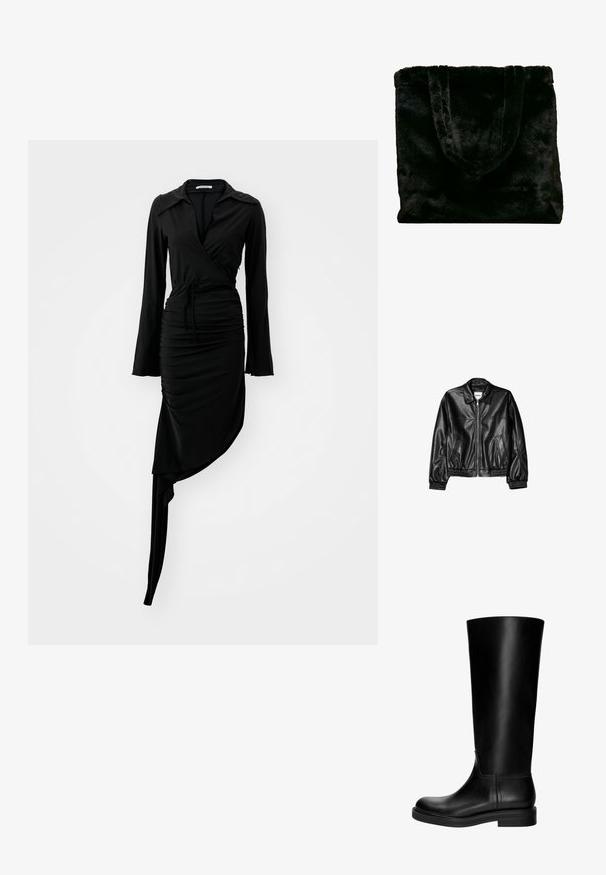 Czarna skórzana kurtka z zamkiem z przodu, kołnierzykiem typu point i elastycznymi mankietami. Posiada dwie boczne kieszenie oraz gładkie, błyszczące wykończenie.; Czarna sukienka z długim rękawem o kroju kopertowym, marszczonym wykończeniu i asymetrycznym dołem. Zawiera kołnierzyk i wiązany detal w talii. Gładki materiał.; Czarne skórzane kozaki do kolan o gładkiej fakturze, zaokrąglonym nosku, stonowanym designie i niskim obcasie w kształcie bloku. Brak widocznych dodatków czy wzorów.; Czarna torba tote z sztucznego futra o miękkiej teksturze. Posiada dwa mocne uchwyty i otwarty design, odpowiednia do różnych zastosowań.