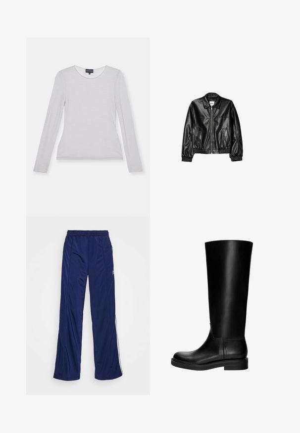 Schwarze Lederjacke mit Reißverschluss vorne, Punktkragen und elastischen Bündchen. Verfügt über zwei seitliche Taschen und eine glatte, glänzende Oberfläche.; Langärmliges, hellgraues Oberteil aus einem weichen Stoff mit rundem Ausschnitt und figurbetonter Passform. Glatte Textur, keine sichtbaren Muster oder Akzente.; Marineblaue Sporthose mit elastischem Bund, geraden Beinen und seitlichen Reißverschlüssen. Mit weißen Paspeln an den Seiten. Glatte Stoffstruktur.; Schwarze Leder-Kniefallstiefel mit glatter Textur, abgerundetem Zeh, schlichter Gestaltung und niedrigem Blockabsatz. Keine sichtbare Hardware oder Muster.