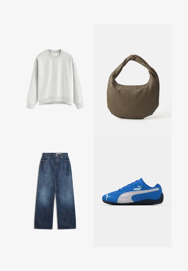 Fekete bőrkabát, elöl cipzárral, hegyes gallérral és rugalmas mandzsettákkal. Két oldalsó zsebbel rendelkezik, sima, fényes felülettel.; Szürke pulóver kerek nyakkivágással, ejtett vállakkal és bordázott mandzsettákkal. Puha tapintású, crop fazonú, zökkenőmentes kialakítással.; Sötétkék farmer széles lábakkal, öt zsebbel, világos varrással és gombos záródással a derékrésznél.; Kék sportcipők velúr felső résszel, fehér oldalsó panellel és fekete gumitalppal. Oldalon kiemelkedő PUMA logóval rendelkezik.; Szőtt olívazöld kézitáska, kerek formával és csavart fogantyúval. A felszíne texturált, ferde mintázattal rendelkezik. Cipzáras záródás.