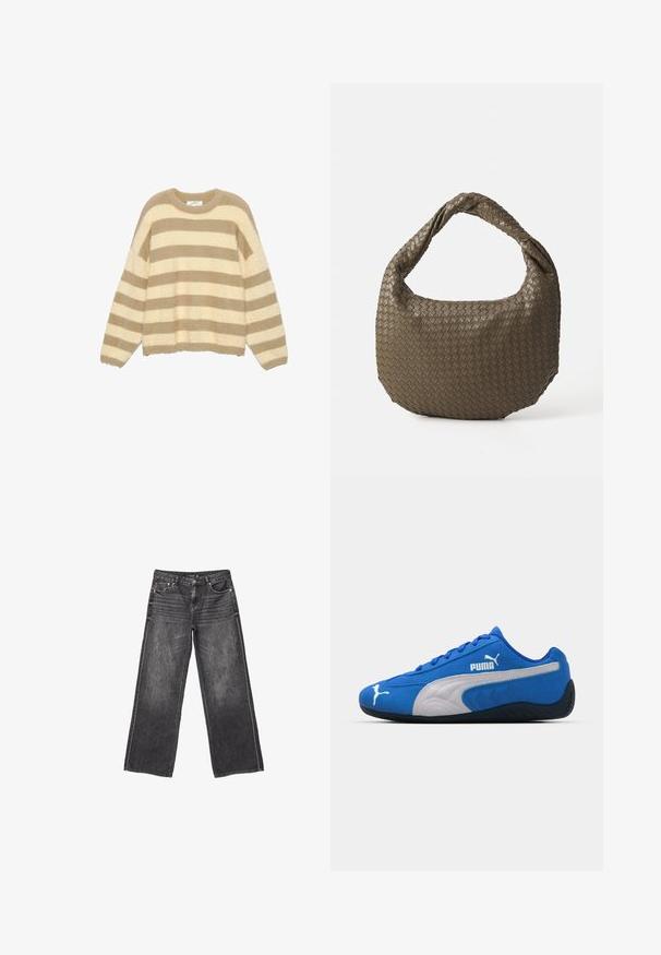 Black leather jacket with a zip front, point collar, and elasticized cuffs. Features two side pockets and a smooth, glossy finish.; Beige and cream striped sweater made of fluffy material. Features a round neckline and wide sleeves with a cropped hem. Soft texture.; Dark gray wide-leg denim jeans with front and back pockets, button closure, and subtle faded detailing.; Blue athletic shoes with a suede upper, featuring a white side panel and black rubber sole. Includes a raised PUMA logo on the side.; Woven olive green handbag with a rounded shape and a twisted handle. Textured surface features a diagonal pattern. Zipper closure.