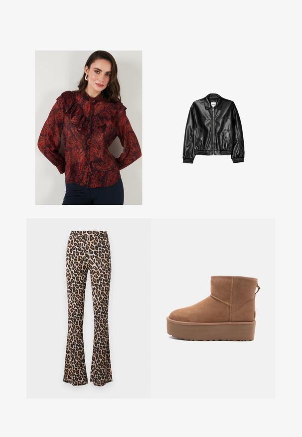 Zwarte leren jas met een ritssluiting aan de voorkant, puntkraag en elastische mouwen. Bevat twee zijzakken en heeft een gladde, glanzende afwerking.; Rode blouse met paisleypatroon, gemaakt van doorschijnende stof, met een gerimpelde kraag en een knoopsluiting aan de voorkant. Lange mouwen met knoopmansjetten.; Leporelloprint uitlopende broek in zandkleur en zwart, gemaakt van zachte stof met een gladde textuur, met een aansluitende taille en uitlopende zoom.; Tan suède enkellaars met een platformzool, ronde neus en stiksels; heeft een trekband aan de achterkant voor gemakkelijke instap.