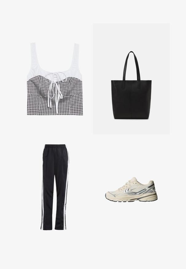 Schwarze Lederjacke mit Reißverschluss vorne, Punktkragen und elastischen Bündchen. Verfügt über zwei seitliche Taschen und eine glatte, glänzende Oberfläche.; Schwarz-weißer kariertes Crop-Top mit strukturiertem weißen Oberteil, quadratischem Ausschnitt und verstellbarem Band in der Mitte. Verfügt über breite Träger.; Schwarze Jogginghose mit weißen Seitenstreifen, elastischem Bund und einem Logo-Patch. Hergestellt aus glattem, leichtem Stoff. Gerades Bein-Design.; Cremefarbener Sportschuh mit einem Obermaterial aus Mesh, silbernen Akzenten und einer strukturierten Gummisohle. Entwickelt für Komfort und Stabilität.; Schwarze Einkaufstasche aus strukturiertem Material, mit zwei langen Tragegriffen und einem einfachen, minimalistischen Design ohne sichtbare Beschläge.