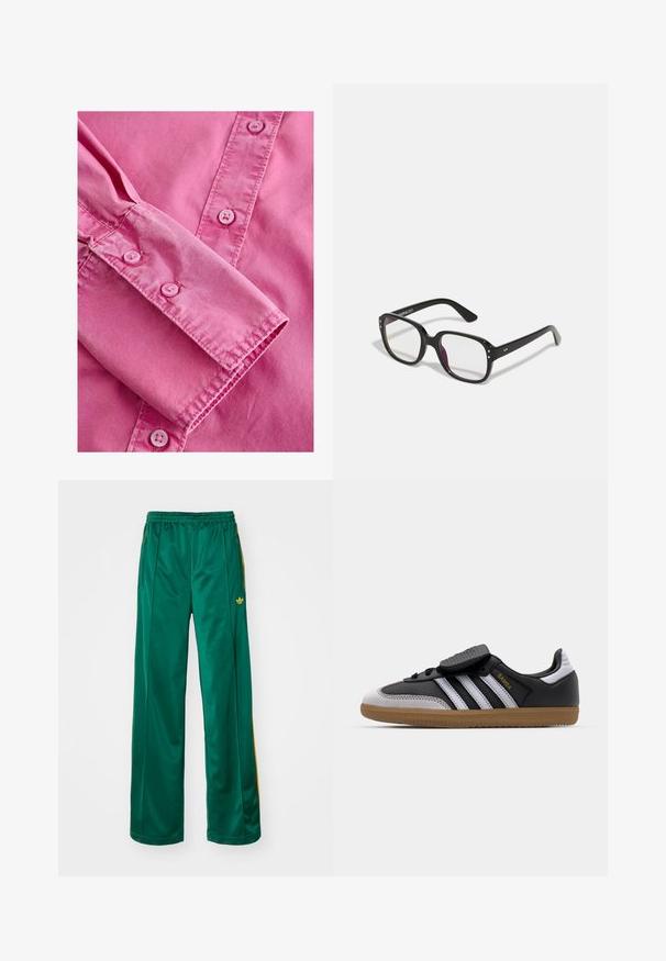 Zwarte leren jas met een ritssluiting aan de voorkant, puntkraag en elastische mouwen. Bevat twee zijzakken en heeft een gladde, glanzende afwerking.; Roze lange mouwen shirt met een knoopmanchet, met een gladde textuur en bijpassende lichtroze knopen langs de voorpas. ; Groene satijnen sportbroek met een relaxte pasvorm, voorzien van gele streepaccenten en een geborduurd logo aan de linkerzijde. Elastische tailleband.; Zwarte leren en grijze suède sneaker met witte strepen, rubberen gumzool, veterfrontering en klittenbandsluiting. Uitgerust met "Samba" branding in het goud.; Zwarte rechthoekige bril met heldere lenzen, voorzien van afgeronde randen en zijaccenten, met een glanzende afwerking van het montuur en de pootjes.