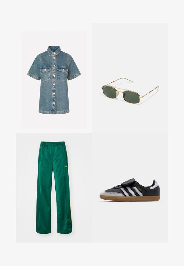Czarna skórzana kurtka z zamkiem z przodu, kołnierzykiem typu point i elastycznymi mankietami. Posiada dwie boczne kieszenie oraz gładkie, błyszczące wykończenie.; Jasnoniebieska koszula denimowa z krótkim rękawem, zapinana na guziki z przodu, z dwiema kieszeniami na piersi oraz kontrastowym przeszyciem. Klasyczny design kołnierzyka.; Biała koszulka z krótkim rękawem, okrągłym dekoltem, wykonana z materiału bawełnianego, charakteryzująca się dopasowaną sylwetką oraz czarną metką marki wewnątrz kołnierza.; Zielone satynowe spodnie sportowe o luźnym kroju, z żółtymi paskami i haftowanym logo po lewej stronie. Elastyczna talia.; Czarne skórzane i szare zamszowe sneakersy z białymi paskami, gumową podeszwą, sznurowanym przodem oraz rzepem. Charakteryzują się złotym logo "Samba".; Złote okulary przeciwsłoneczne z zielonymi soczewkami, o kanciastym kształcie i smukłych zausznikach. Projekt zawiera cienką oprawkę oraz subtelne logo na soczewce.
