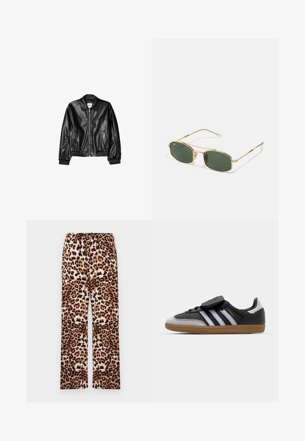 Čierna kožená bunda s predným zipsom, špicatým golierom a elastickými manžetami. Obsahuje dva bočné vrecká a hladký, lesklý povrch.; Biele tričko s krátkym rukávom a okrúhlym výstrihom, vyrobené z bavlny, s priliehavým strihom a čiernym logom značky vo vnútri goliera.; Nohavice s leopardím vzorom, vo voľnom strihu, s elastickým pásom, vyrobené z mäkkého textilu s hladkou textúrou.; Čierne kožené a šedé semišové tenisky s bielymi pruhmi, gumovou podrážkou, šnurovaním vpredu a suchým zipsom. Obsahujú zlaté označenie "Samba".; Zlaté slnečné okuliare s zelenými sklami, ktoré majú ostrý tvar a štíhle rámčeky. Dizajn zahŕňa tenký rám a decentné logo na sklách.