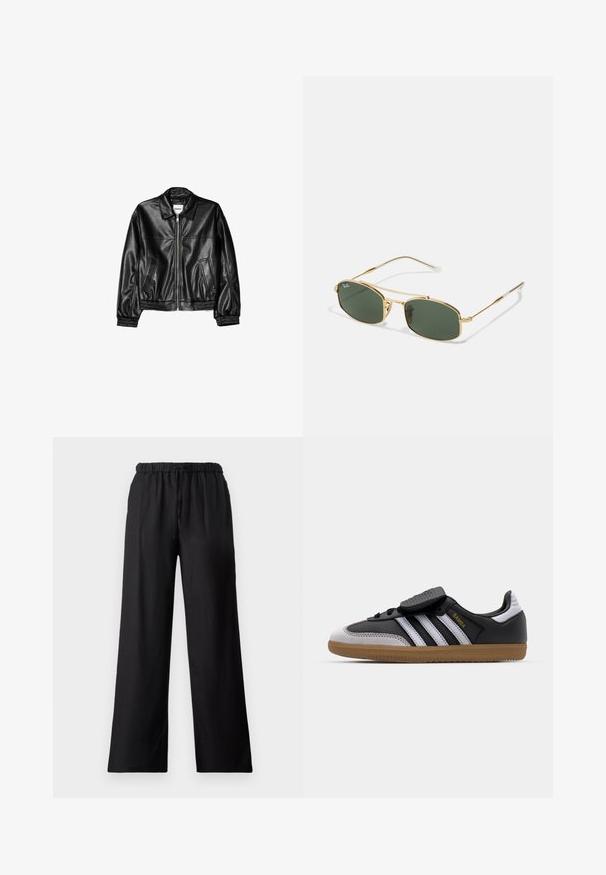 Črna usnjena jakna z zadrgo spredaj, s točkovnim ovratnikom in elastičnimi manšetami. Ima dve stranski žepi in gladko, sijočo površino.; Bela majica s kratkimi rokavi in okroglo izrezom, izdelana iz bombažnega materiala, s prilegajočo silhueto in črno oznako blagovne znamke znotraj ovratnika.; Črne široke hlače iz lahkega materiala, z elastičnim pasom in vrvico ter gladko teksturo.; Črne usnjene in sive semiš teniske z belimi črtami, gumijastim podplatom, vezanjem spredaj in Velcro trakovi. Vsebuje "Samba" blagovno znamko v zlati barvi.; Zlatne sončna očala z zelenimi lečami, ki imajo angularno obliko in vitke ročke. Oblikovanje vključuje tanek okvir in subtilno blagovno znamko na leči.