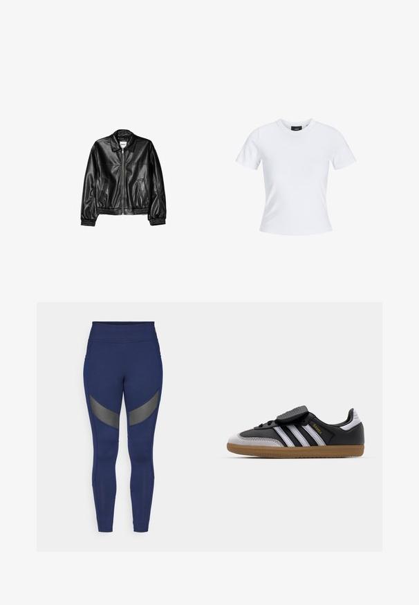Schwarze Lederjacke mit Reißverschluss vorne, Punktkragen und elastischen Bündchen. Verfügt über zwei seitliche Taschen und eine glatte, glänzende Oberfläche.; Weißes T-Shirt mit kurzen Ärmeln und Rundhalsausschnitt, aus Baumwollmaterial gefertigt, mit taillierter Silhouette und einem schwarzen Markenlabel im Kragen.; Marineblaue Leggings aus elastischem Material, mit grauen Akzentpaneelen und einem hohen Bund. Entworfen für aktive Freizeit.; Schwarze Leder- und graue Wildleder-Sneaker mit weißen Streifen, Gummisohle, Schnürung vorne und Klettverschluss. Mit "Samba"-Markenlogo in Gold.
