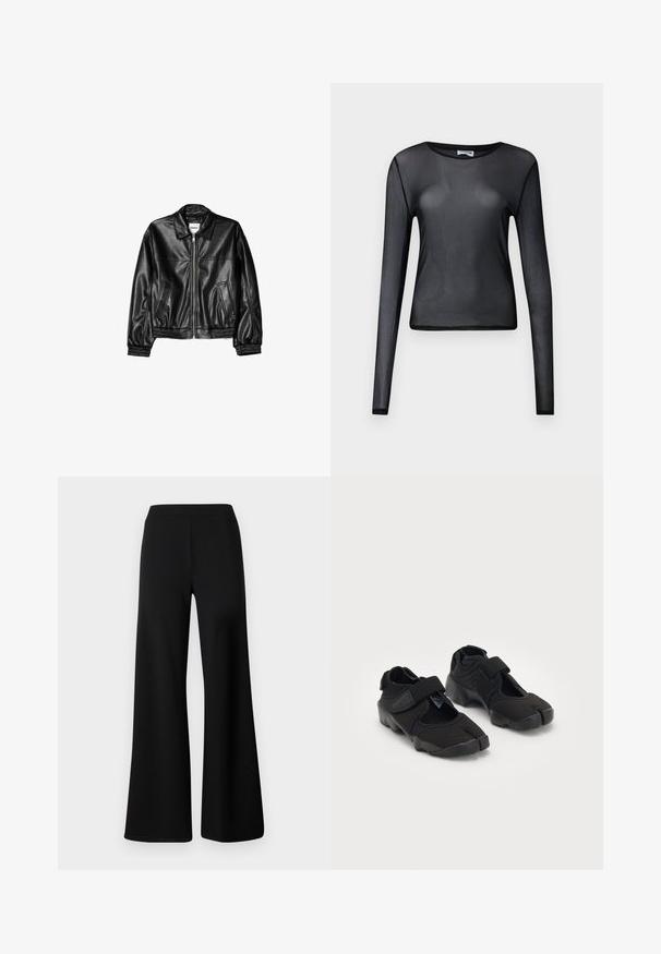 Černá kožená bunda s předním zipem, špičatým límcem a elastickými manžetami. Obsahuje dvě boční kapsy a hladký, lesklý povrch.; Černý top s dlouhým rukávem vyrobený z průhledného materiálu, s kulatým výstřihem a slim fit střihem, s jemně zakončenými lemy.; Černé kalhoty s širokými nohavicemi vyrobené z měkké, elastické tkaniny. Mají hladký elastický pas a jednoduchý, nezdobený design.; Černé vodní boty vyrobené z pružné tkaniny s suchým zipem, s jedinečným designem rozděleného prstu a texturovanou gumovou podrážkou pro lepší přilnavost.