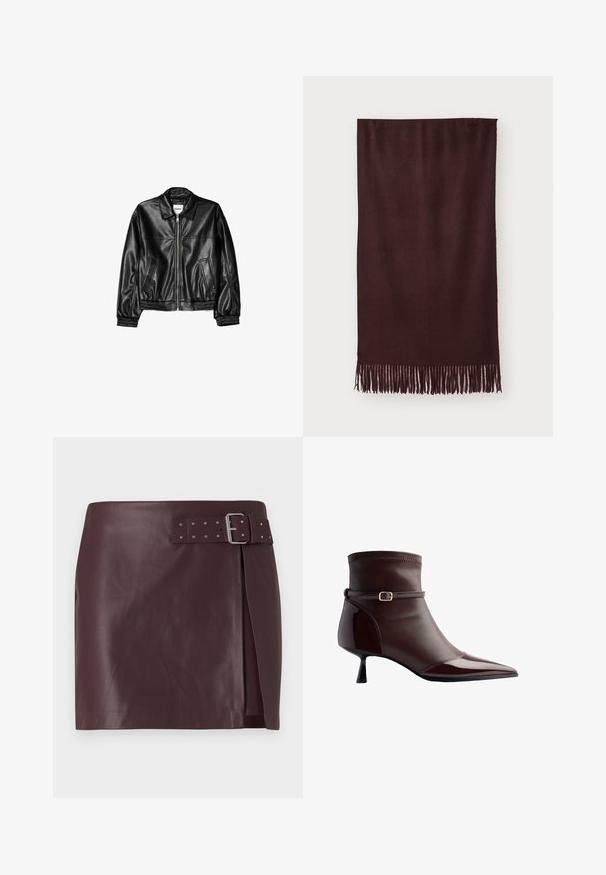 Black leather jacket with a zip front, point collar, and elasticized cuffs. Features two side pockets and a smooth, glossy finish.; Black cropped top with long, fitted sleeves and an off-the-shoulder neckline, made from soft, smooth fabric. Simple and form-fitting design.; Burgundy faux leather skirt with a belted waist and metallic buckle, featuring a side slit and smooth, polished texture.; Brown leather ankle boot with pointed toe, small kitten heel, and a thin strap with a small gold buckle around the ankle.; Maroon scarf made of soft fabric, featuring a smooth texture and long fringes at the hem for added detail. Rectangular shape, drapes flat.; Pepe Jeans GRACEY - Handbag - burgundy red