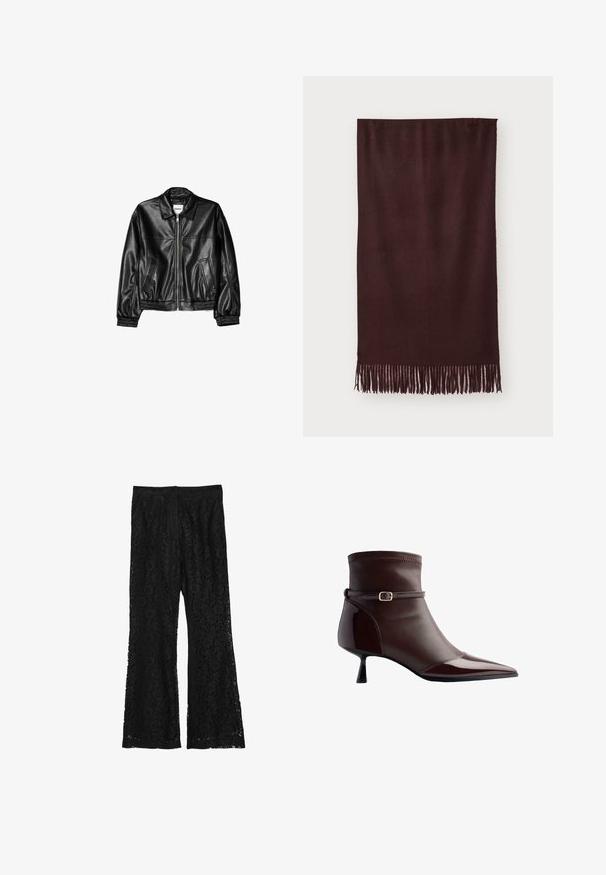 Veste en cuir noire avec fermeture éclair sur le devant, col pointu et poignets élastiques. Dispose de deux poches latérales et d'une finition lisse et brillante.; Top noir court avec des manches longues ajustées et un décolleté off-shoulder, fabriqué en tissu doux et lisse. Design simple et ajusté au corps.; Calliope Pantalon classique - ultrablack; Bottine en cuir marron avec un bout pointu, un petit talon kitten, et une fine sangle avec une petite boucle en or autour de la cheville.; Écharpe bordeaux fabriquée en tissu doux, avec une texture lisse et de longues franges sur l'ourlet pour un détail supplémentaire. Forme rectangulaire, tombe à plat.; Pepe Jeans GRACEY - Sac à main - burgundy red