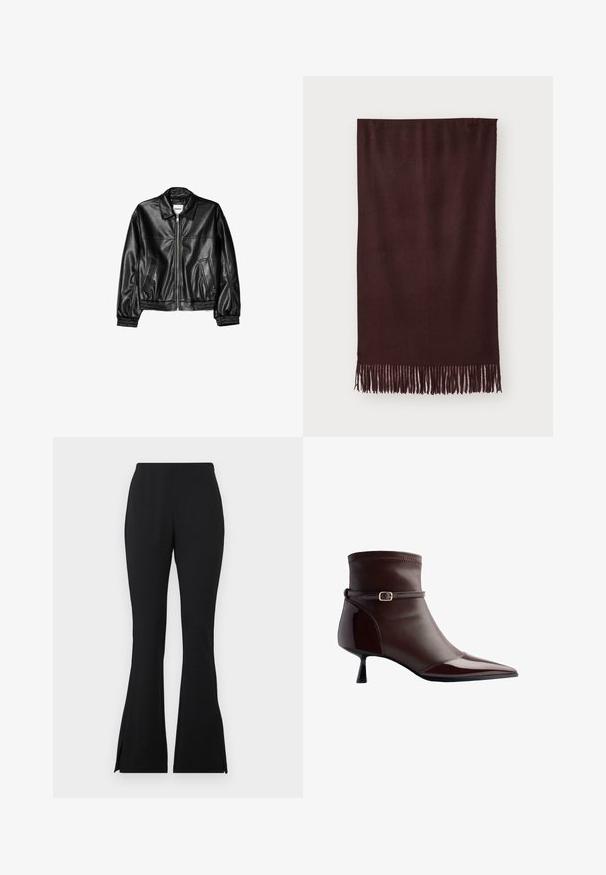 Zwarte leren jas met een ritssluiting aan de voorkant, puntkraag en elastische mouwen. Bevat twee zijzakken en heeft een gladde, glanzende afwerking.; Zwarte cropped top met lange, aangesloten mouwen en een off-the-shoulder halslijn, gemaakt van zachte, gladde stof. Eenvoudig en aansluitend ontwerp.; Zwarte flared broek gemaakt van een soepel, rekbaar materiaal. Heeft zijsplitten aan de onderkant voor extra detail. Klassiek ontwerp en veelzijdige pasvorm.; Bruine leren enkellaars met een spitse neus, kleine kittenhak en een dunne riem met een kleine gouden gesp rond de enkel.; Bordeaux sjaal van zacht stof, met een gladde textuur en lange franjes aan de onderkant voor extra detail. Rechthoekige vorm, hangt plat.; Pepe Jeans GRACEY - Handtas - burgundy red