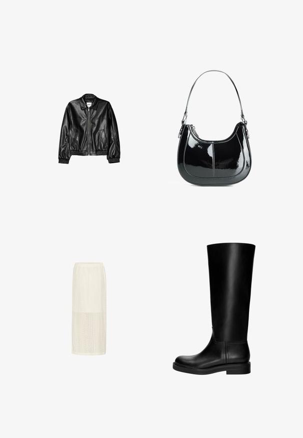 Black leather jacket with a zip front, point collar, and elasticized cuffs. Features two side pockets and a smooth, glossy finish.; White ribbed tank top with a scoop neckline and wide straps. Soft fabric texture and stitched hems. Simple, fitted design.; White midi skirt featuring a textured lace pattern with a slightly elastic waistband and a straight silhouette. Lightweight and airy fabric.; Black leather knee-high boot with a smooth texture, rounded toe, understated design, and a low block heel. No visible hardware or patterns.; Black patent leather handbag with a curved design, zip closure, and a single shoulder strap featuring silver-tone hardware and stitching accents.