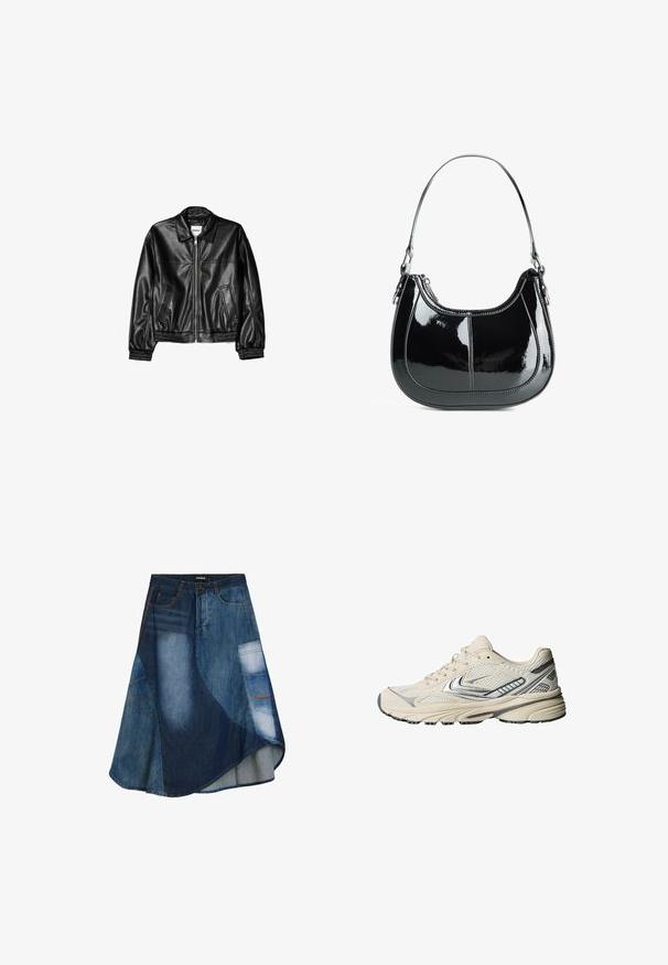 Mustat nahkatakki, jossa on vetoketjulukko edessä, kärkipolvi ja elastisoidut hihansuut. Ominaisuuksiin kuuluu kaksi sivutaskua ja sileä, kiiltävä pinta.; Valkoinen ribattuja toppi, jossa on avara kaula-aukko ja leveät olkaimet. Pehmeä kangas ja ommellut reunat. Yksinkertainen, muotoon leikattu malli.; Farkkuhame, jossa on sekoitus sinisiä pesuja, levenevä muotoilu, viistettu helma, etupainike-kiinnitys ja käytännölliset taskuyksityiskohdat.; Kermanvärinen urheilukenkä, jossa hengittävä verkkopäällinen, hopeanväriset yksityiskohdat ja kuvioitu kumipohja. Suunniteltu mukavuuden ja vakauden takaamiseksi.; Mustan kiiltävän nahkaista käsilaukkua, jossa on kaareva muotoilu, vetoketjusuljenta ja yksi olkahihna, jossa on hopean sävyistä metallia ja ompelucornalluksia.