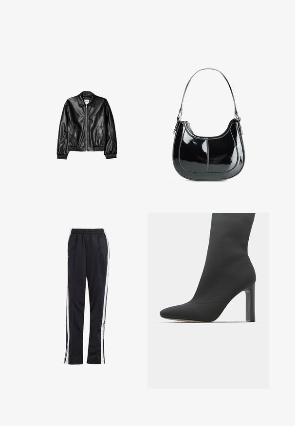 Fekete bőrkabát, elöl cipzárral, hegyes gallérral és rugalmas mandzsettákkal. Két oldalsó zsebbel rendelkezik, sima, fényes felülettel.; Fehér, bordázott ujjatlan felső, kerek nyakkivágással és széles pántokkal. Puha szövet textúra és varrt szegélyek. Egyszerű, testhezálló dizájn.; Fekete sportnadrág fehér oldalcsíkokkal, rugalmas derékkal és logópárral. Simább, könnyű anyagból készült. Egyenes szárú kialakítás.; Fekete stiletto bokacsizma, elegáns, zokni-szerű kialakítással, hegyes orral, sima anyagból és négyzetes, magas sarkúval. Minimalista esztétika.; Fekete lakk bőr kézitáska ívelt kialakítással, cipzáras záródással és egyetlen vállpánttal, ezüstszínű fémrészletekkel és varrási díszítéssel.