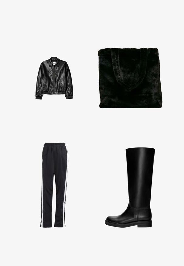 Sort læderjakke med lynlås foran, spids krave og elastiske ærmer. Har to sidelommer og en glat, blank overflade.; Hvid ribbet tanktop med scoop-udskæring og brede stropper. Blødt stof med en behagelig tekstur og syede kanter. Simpelt, tætsiddende design.; Sorte træningsbukser med hvide sidelister, elastisk talje og et logo-patch. Fremstillet af glat, letvægtsstof. Lige ben design.; Sorte læderknæhøje støvler med en glat overflade, rund tå, diskret design og en lav blokhæl. Ingen synlig hardware eller mønstre.; Sort faux fur tote taske med blød tekstur. Har to robuste håndtag og et åbent topdesign, der er velegnet til forskellige anvendelser.