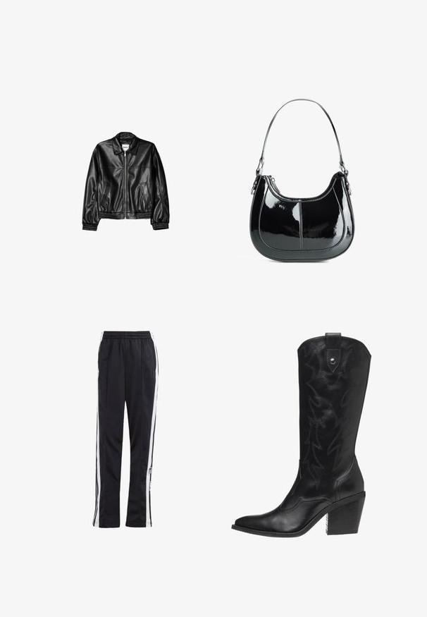 Czarna skórzana kurtka z zamkiem z przodu, kołnierzykiem typu point i elastycznymi mankietami. Posiada dwie boczne kieszenie oraz gładkie, błyszczące wykończenie.; Biały żebrowany top na ramiączkach z okrągłym dekoltem i szerokimi ramiączkami. Miękka faktura materiału i obszycia. Prosty, dopasowany krój.; Czarne spodnie dresowe z białymi paskami po bokach, elastycznym paskiem w talii i naszywką z logo. Wykonane z gładkiego, lekkiego materiału. Prosta nogawka.; Czarny skórzany kowbojski but z szpiczastym noskiem, wysokim obcasem i dekoracyjnym przeszyciem w wzór błyskawicy wzdłuż cholewy.; Czarna torebka z lakierowanej skóry o zaokrąglonym kształcie, zamykana na zamek, z pojedynczym paskiem na ramię, ozdobiona srebrnymi elementami i akcentami w szwie.