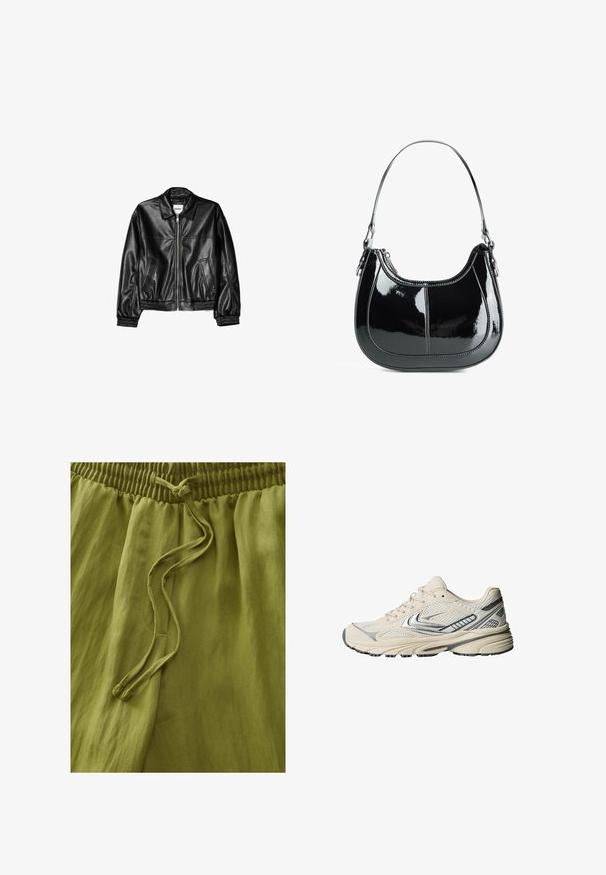 Black leather jacket with a zip front, point collar, and elasticized cuffs. Features two side pockets and a smooth, glossy finish.; White ribbed tank top with a scoop neckline and wide straps. Soft fabric texture and stitched hems. Simple, fitted design.; Olive green pants made from lightweight fabric. Features an elastic waistband and drawstring. Smooth texture with soft draping.; Cream-colored athletic shoe with a mesh upper, silver accents, and a textured rubber sole. Designed for comfort and stability.; Black patent leather handbag with a curved design, zip closure, and a single shoulder strap featuring silver-tone hardware and stitching accents.