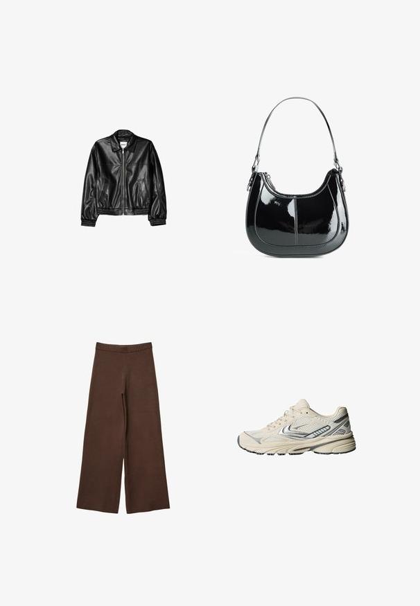 Schwarze Lederjacke mit Reißverschluss vorne, Punktkragen und elastischen Bündchen. Verfügt über zwei seitliche Taschen und eine glatte, glänzende Oberfläche.; Weißes, geripptes Tanktop mit Rundhalsausschnitt und breiten Trägern. Weiche Stofftextur und genähte Säume. Einfaches, enganliegendes Design.; Braune weit geschnittene Hose aus weichem Stoff mit einem gerippten elastischen Bund und ohne sichtbare Verschlüsse oder Taschen.; Cremefarbener Sportschuh mit einem Obermaterial aus Mesh, silbernen Akzenten und einer strukturierten Gummisohle. Entwickelt für Komfort und Stabilität.; Schwarze Handtasche aus lackiertem Leder mit geschwungenem Design, Reißverschluss und einem einzelnen Schulterriemen, der mit silberfarbenen Beschlägen und Akzenten in der Naht versehen ist.