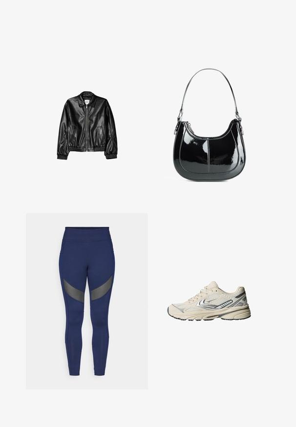 Zwarte leren jas met een ritssluiting aan de voorkant, puntkraag en elastische mouwen. Bevat twee zijzakken en heeft een gladde, glanzende afwerking.; Witte geribbelde tanktop met een ronde halslijn en brede bandjes. Zachte stoftextuur en gestikte randen. Eenvoudig, getailleerd ontwerp.; Navy blauwe leggings van rekbaar materiaal, met grijze accentpanelen en een hoge tailleband. Ontworpen voor actieve kleding.; Roomkleurige sportschoen met een bovenwerk van mesh, zilverkleurige accenten, en een gestructureerde rubberen zool. Ontworpen voor comfort en stabiliteit.; Zwarte gepatineerde leren handtas met een gebogen ontwerp, ritssluiting en een enkele schouderriem met zilverkleurige hardware en stikselaccenten.