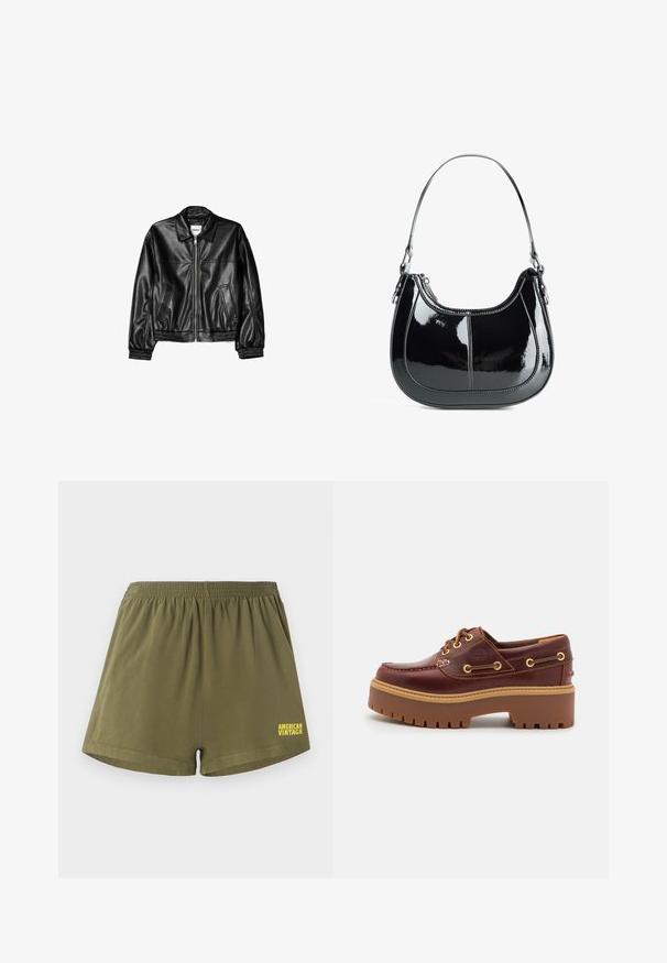 Černá kožená bunda s předním zipem, špičatým límcem a elastickými manžetami. Obsahuje dvě boční kapsy a hladký, lesklý povrch.; Bílý žebrovaný top na ramínka s kulatým výstřihem a širokými ramínky. Měkká textilie a prošívané lemy. Jednoduchý, přiléhavý design.; Olivově zelené bavlněné šortky s elastickým pasem a rovný střih. Na spodní pravé straně se nachází logo "AMERICAN VINTAGE" v žluté barvě.; Hnědé kožené boty na lodi s robustní hnědou gumovou podrážkou, zlatými očky a kontrastním prošíváním. Na boku se nachází logo.; Černá lakovaná kožená kabelka s zakřiveným designem, zipovým uzavřením a jedním ramenním popruhem, který má stříbrné kování a akcenty prošívání.