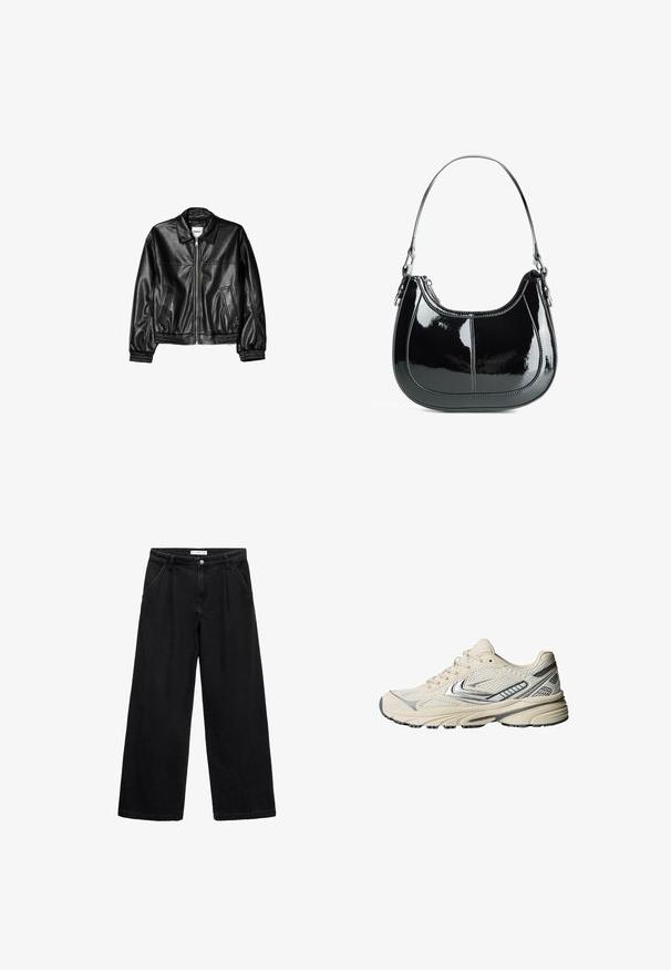 Crna kožna jakna s prednjim patentnim zatvaračem, oštrim ovratnikom i elastičnim manžetama. Ima dva bočna džepa i glatku, sjajnu površinu.; Bijela rebrasta majica na bretelama s okruglim izrezom i širokim trakama. Mekani materijal i šivani rubovi. Jednostavan, usko krojen dizajn.; Crne široke traperice od denima, s visokim strukom, prednjim džepovima i kopčanjem na gumbe. Tekstura je glatka s minimalnim detaljima.; Atletska cipela krem boje s mrežastim gornjim dijelom, srebrnim detaljima i teksturiranim gumenim potplatom. Dizajnirana za udobnost i stabilnost.; Crna patentna kožna torba s zakrivljenim dizajnom, zatvaranjem na zip, i jednim remenom za rame s srebrnim hardverom i ukrasnim šavovima.