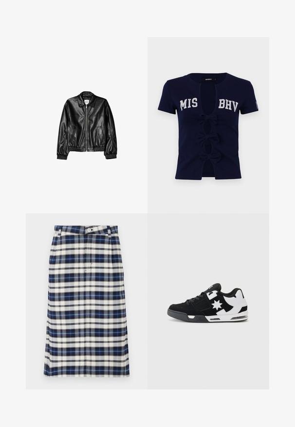 Fekete bőrkabát, elöl cipzárral, hegyes gallérral és rugalmas mandzsettákkal. Két oldalsó zsebbel rendelkezik, sima, fényes felülettel.; Sötétkék, rövid ujjú póló, mély V nyakkivágással, amelyen a "MIS BHV" felirat található. Három masni díszíti az elejét, puha pamut anyagból készült.; Tengeri kék, fehér és szürke kockás szoknya. Egyenes fazonú, gombos záródású, finom textúrával és rácsmintával rendelkezik.; Fekete-fehér sneaker, velúr és hálós anyagokból. Kiugró csillaglogóval és merész díszítésekkel az oldalon, párnázott talppal.