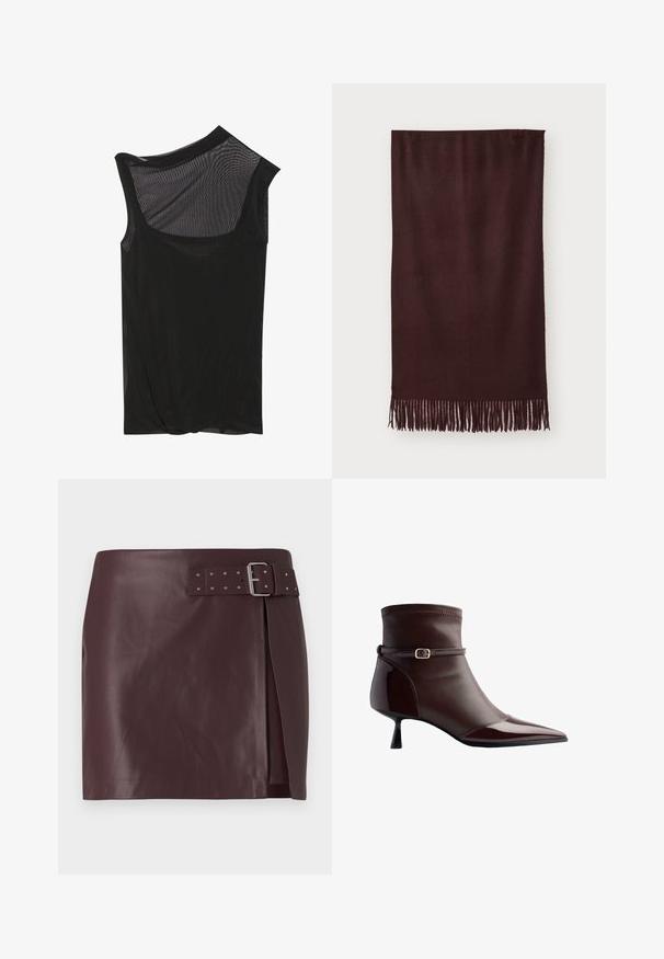 Sort læderjakke med lynlås foran, spids krave og elastiske ærmer. Har to sidelommer og en glat, blank overflade.; Sort mesh ærmeløs top med en asymmetrisk halsudskæring, blød tekstur og draperet detalje ved kanten. Letvægts og gennemsigtig stof.; Burgundy faux læderskirt med belted talje og metalspænde, har en sidelæg og en glat, poleret tekstur.; Brune læder ankelstøvle med spidse tæer, lille kittenhæl og en tynd rem med en lille guldbuckle rundt om anklen.; Bordeauxfarvet tørklæde lavet af blødt stof, med en glat tekstur og lange frynser ved kanten for ekstra detaljer. Rektangulær form, hænger fladt.