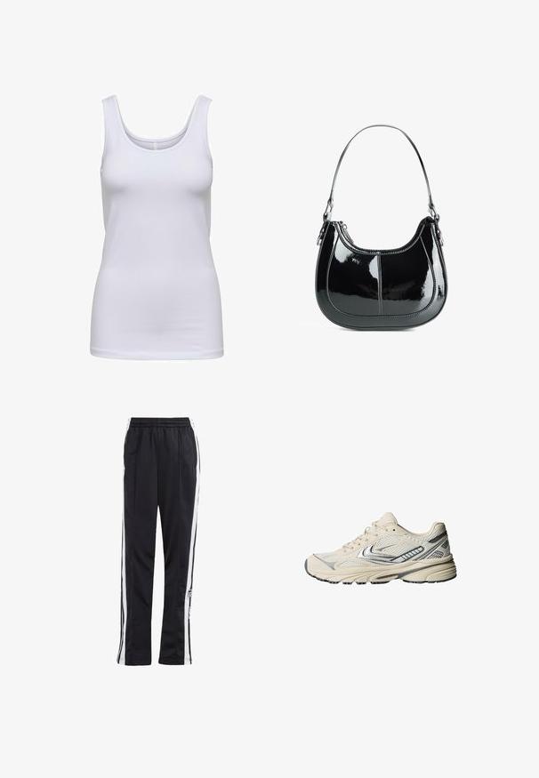 Zwarte leren jas met een ritssluiting aan de voorkant, puntkraag en elastische mouwen. Bevat twee zijzakken en heeft een gladde, glanzende afwerking.; Witte tanktop, gemaakt van zachte stof, heeft een ronde halslijn, een slim fit en geen zichtbare patronen of accenten.; Zwarte trainingsbroek met witte zijstrepen, elastische tailleband en een logo-patch. Gemaakt van gladde, lichte stof. Ontwerp met rechte broekspijpen.; Roomkleurige sportschoen met een bovenwerk van mesh, zilverkleurige accenten, en een gestructureerde rubberen zool. Ontworpen voor comfort en stabiliteit.; Zwarte gepatineerde leren handtas met een gebogen ontwerp, ritssluiting en een enkele schouderriem met zilverkleurige hardware en stikselaccenten.
