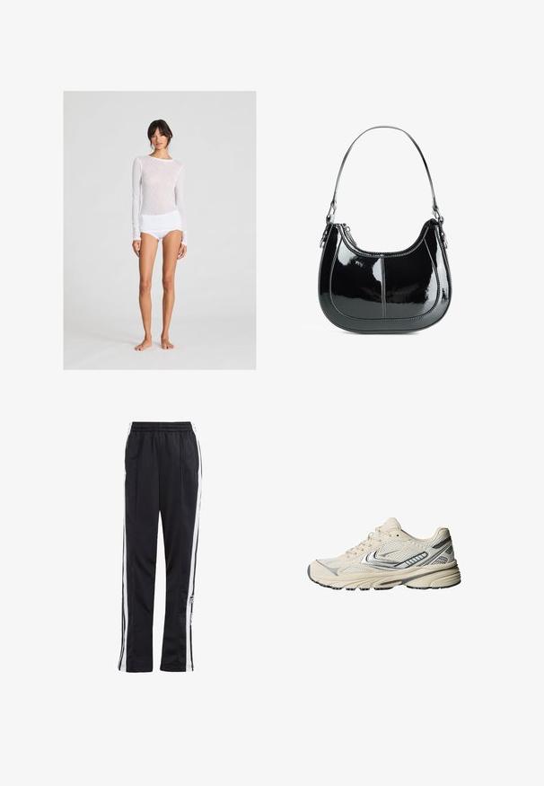 Črna usnjena jakna z zadrgo spredaj, s točkovnim ovratnikom in elastičnimi manšetami. Ima dve stranski žepi in gladko, sijočo površino.; Bela majica z dolgimi rokavi z teksturiranim, diamantom podobnim vzorcem, v kombinaciji z belimi kratkimi hlačami; oblačila so tesno prilegajoča in izdelana iz mehke tkanine.; Črne trenirke z belimi stranskimi črtami, elastičnim pasom in logotipnim vzorcem. Narejene iz gladkega, lahkega materiala. Ravninski kroj.; Atletski čevlji kremaste barve z zgornjim delom iz mrežaste plastike, srebrnimi poudarki in teksturirano gumijasto podplatom. Oblikovano za udobje in stabilnost.; Črna patentna usnjena torbica s ukrivljenim dizajnom, zadrgo in eno naramnico, ki ima kovinske dodatke srebrne barve in šive.