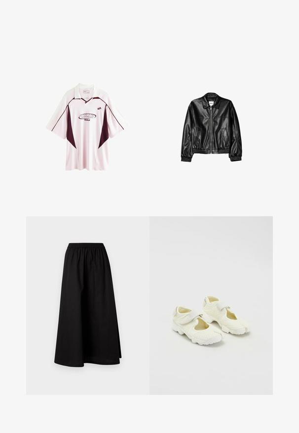Zwarte leren jas met een ritssluiting aan de voorkant, puntkraag en elastische mouwen. Bevat twee zijzakken en heeft een gladde, glanzende afwerking.; Lichtroze korte mouw voetbalshirt met donker kastanjebruine accenten, voorzien van een kraag, "MILAN" logo en zijpanelen in een contrasterende kleur.; Zwarte, knielange rok van lichte stof met een elastische tailleband en een ontspannen, A-lijn silhouet. Heeft geen zichtbare patronen.; Witte mesh schoenen met een gestructureerd ontwerp, voorzien van een klittenbandsluiting en uitsparingen aan de zijkanten, textielstof en een chunky zool.