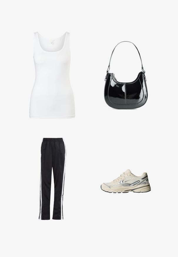 Veste en cuir noire avec fermeture éclair sur le devant, col pointu et poignets élastiques. Dispose de deux poches latérales et d'une finition lisse et brillante.; Débardeur blanc en tissu lisse et extensible. Présente un col rond et sans ornementation. Design classique sans manches.; Pantalons de jogging noirs avec des rayures latérales blanches, taille élastique et un patch logo. Fabriqués en tissu lisse et léger. Design à jambe droite.; Chaussure de sport couleur crème avec une tige en mesh, des accents argentés et une semelle en caoutchouc texturée. Conçue pour le confort et la stabilité.; Sac à main en cuir verni noir avec un design courbé, fermeture zippée et une seule bandoulière avec des quincailleries en ton argent et des accents de couture.