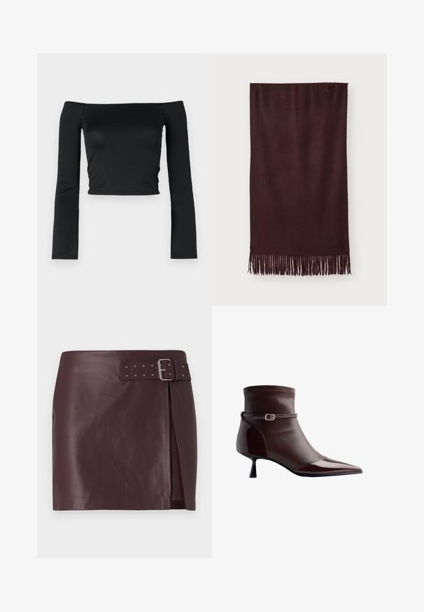 Giubbotto in pelle nera con chiusura a zip sul davanti, colletto a punta e polsini elastici. Presenta due tasche laterali e una finitura liscia e lucida.; Top corto nero con maniche lunghe e aderenti e scollatura off-the-shoulder, realizzato in un tessuto morbido e liscio. Design semplice e aderente.; Gonna in eco-pelle bordeaux con vita alta e cintura con fibbia metallica, caratterizzata da uno spacco laterale e una texture liscia e lucida.; Stivaletto in pelle marrone con punta affusolata, tacco kitten piccolo e una sottile cinghia con una piccola fibbia dorata attorno alla caviglia.; Sciarpa marrone scura realizzata in tessuto morbido, caratterizzata da una texture liscia e lunghe frange sull'orlo per un tocco di dettaglio. Forma rettangolare, si drappeggia piatta.; Pepe Jeans GRACEY - Borsa a mano - burgundy red