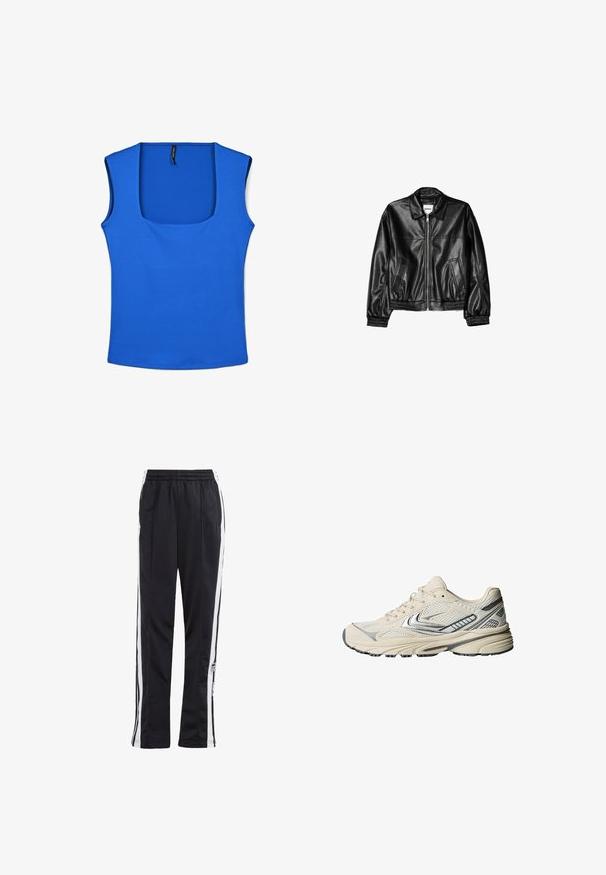 Giubbotto in pelle nera con chiusura a zip sul davanti, colletto a punta e polsini elastici. Presenta due tasche laterali e una finitura liscia e lucida.; Top senza maniche di un blu reale con scollatura quadrata, realizzato in un tessuto liscio. Presenta bordi puliti e una silhouette aderente.; Pantaloni sportivi neri con strisce laterali bianche, cinturino elastico e patch con logo. Realizzati in tessuto morbido e leggero. Design a gamba dritta.; Scarpa sportiva color crema con tomaia in mesh, dettagli argentati e suola in gomma strutturata. Progettata per comfort e stabilità.