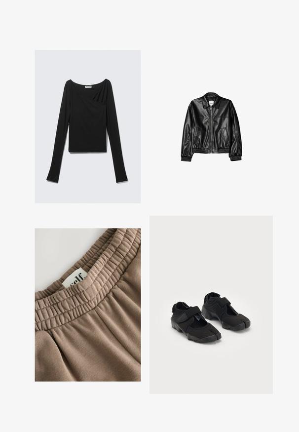 Czarna skórzana kurtka z zamkiem z przodu, kołnierzykiem typu point i elastycznymi mankietami. Posiada dwie boczne kieszenie oraz gładkie, błyszczące wykończenie.; Czarny długi rękaw bluzka z miękkiego materiału, z drapowaną konstrukcją oraz skrzyżowanym przodem i dekoltem w łódkę. Gładka faktura, skrócona długość.; Brązowy elastyczny pasek w talii z marszczonym teksturem, przymocowana etykieta z napisem "self" oraz miękka tkanina o gładkiej powierzchni i neutralnym odcieniu.; Czarne buty wodne wykonane z elastycznego materiału z zapięciem na rzep, charakteryzujące się unikalnym podziałem palców oraz teksturowaną gumową podeszwą zapewniającą przyczepność.