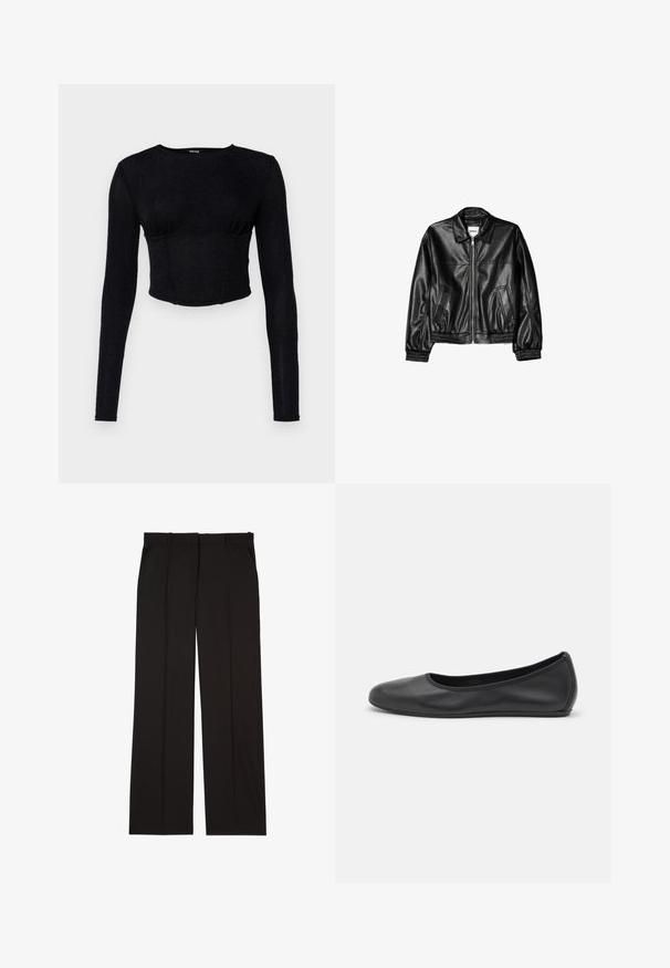 Čierna kožená bunda s predným zipsom, špicatým golierom a elastickými manžetami. Obsahuje dva bočné vrecká a hladký, lesklý povrch.; Čierny dlhý rukáv elastický crop top z textúrovanej látky, s priliehavým strihom a zhrnutím v oblasti poprsia.; Čierne oblekové nohavice z hladkej látky, s rovnými nohavicami a dvoma bočnými vreckami. Elegantná a minimalisticá konštrukcia.; Čierne kožené baleríny s okrúhlou špičkou, hladkým povrchom, minimálnym prešívaním a flexibilným dizajnom podrážky.