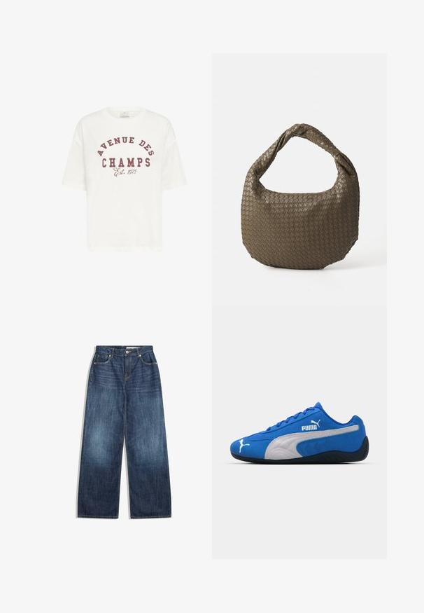 Zwarte leren jas met een ritssluiting aan de voorkant, puntkraag en elastische mouwen. Bevat twee zijzakken en heeft een gladde, glanzende afwerking.; Witte T-shirt met korte mouwen, gemaakt van katoen, met een maroonopdruk met de tekst "AVENUE DES CHAMPS Est. 1975" in een vet lettertype.; Wijdvallende jeans in donkerblauwe denim, met een vijf-pocket ontwerp, lichte stiksels en een knoopsluiting bij de tailleband.; Blauwe sportieve schoenen met een bovenkant van suède, voorzien van een witte zijkant en een zwarte rubberen zool. Inclusief een verhoogd PUMA-logo aan de zijkant.; Geweven olijfgroene handtas met een ronde vorm en een gedraaide handgreep. De textuur heeft een diagonaal patroon. Ritssluiting.